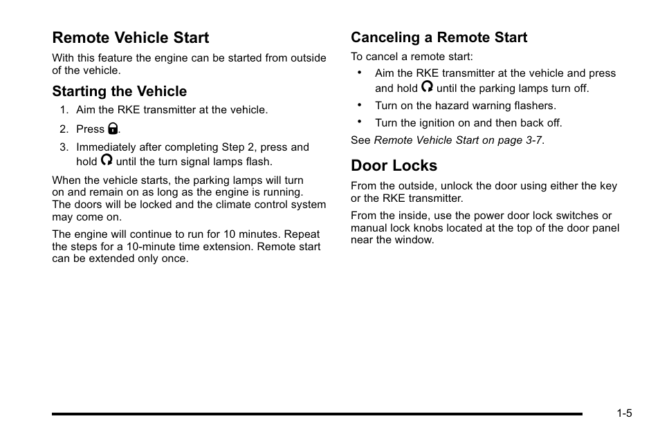 Remote vehicle start, Door locks, Remote vehicle start -5 door locks -5 | Starting the vehicle, Canceling a remote start | Cadillac 2010 DTS User Manual | Page 11 / 486