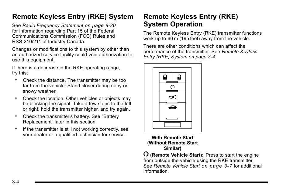 Remote keyless entry (rke) system, Remote keyless entry (rke) system operation, Operation -4 | Cadillac 2010 DTS User Manual | Page 112 / 486