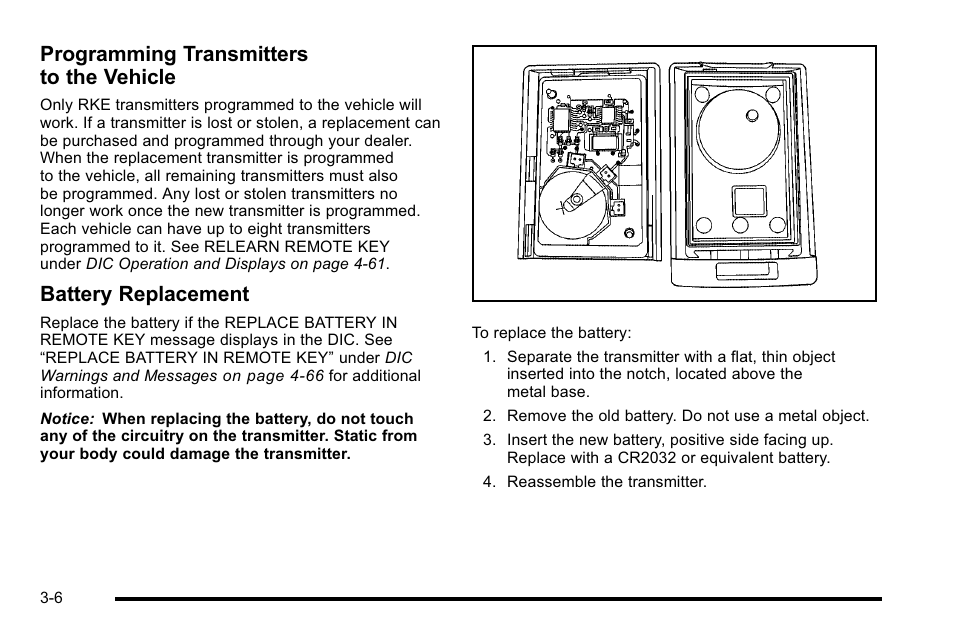 Programming transmitters to the vehicle, Battery replacement | Cadillac 2010 DTS User Manual | Page 114 / 486