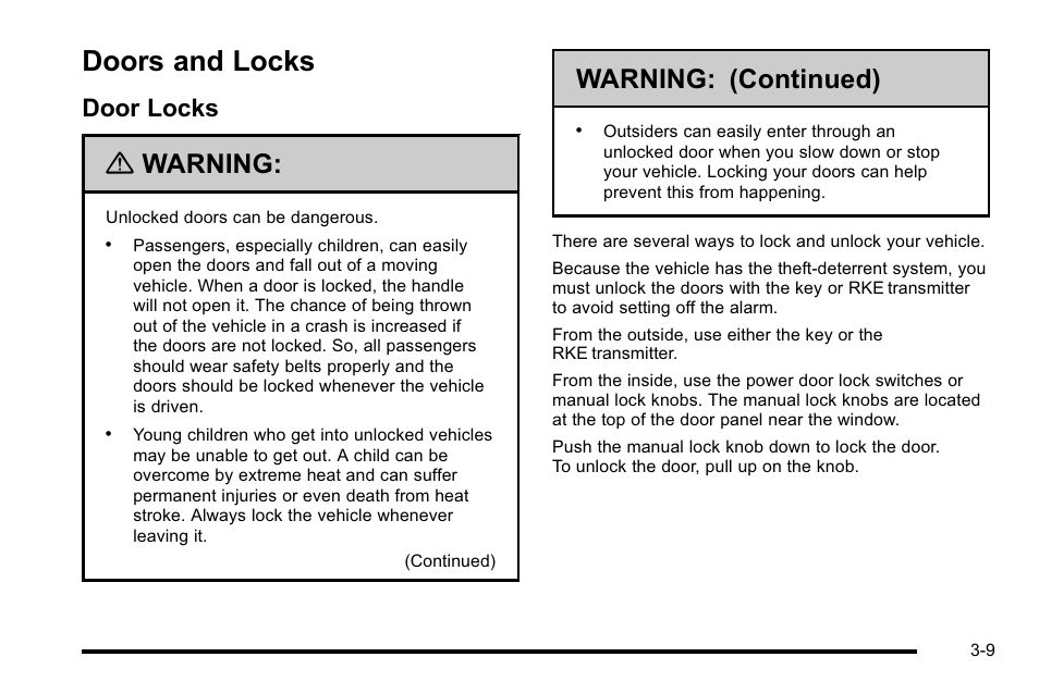Doors and locks, Door locks, Doors and locks -9 | Towing, Door locks -9, Warning, Warning: (continued) | Cadillac 2010 DTS User Manual | Page 117 / 486