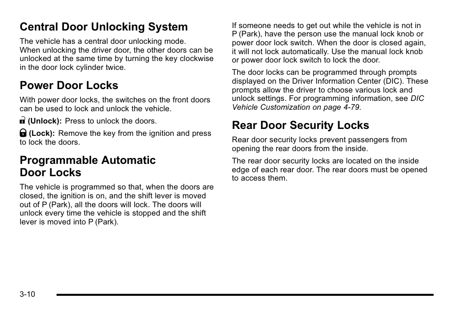 Central door unlocking system, Power door locks, Programmable automatic door locks | Rear door security locks | Cadillac 2010 DTS User Manual | Page 118 / 486
