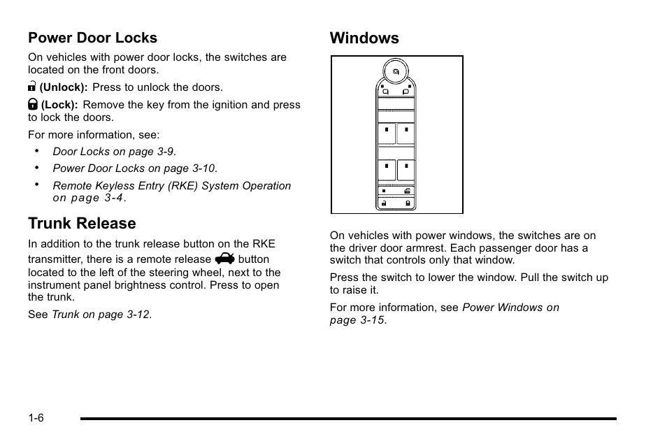 Trunk release, Windows, Trunk release -6 windows -6 | Power door locks | Cadillac 2010 DTS User Manual | Page 12 / 486