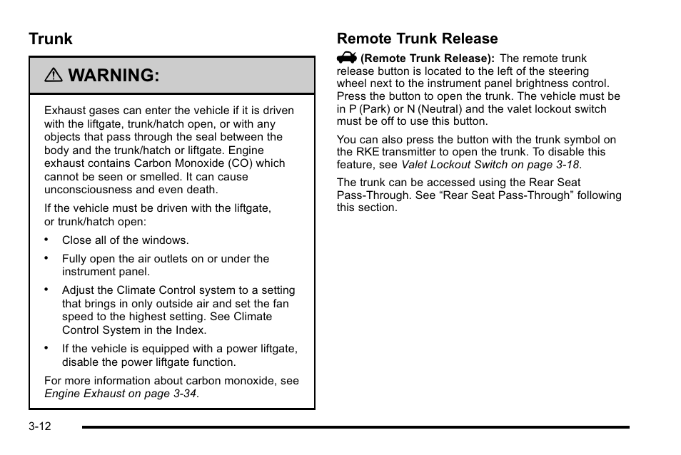 Trunk, Trunk -12, Engine | Warning, Remote trunk release v | Cadillac 2010 DTS User Manual | Page 120 / 486