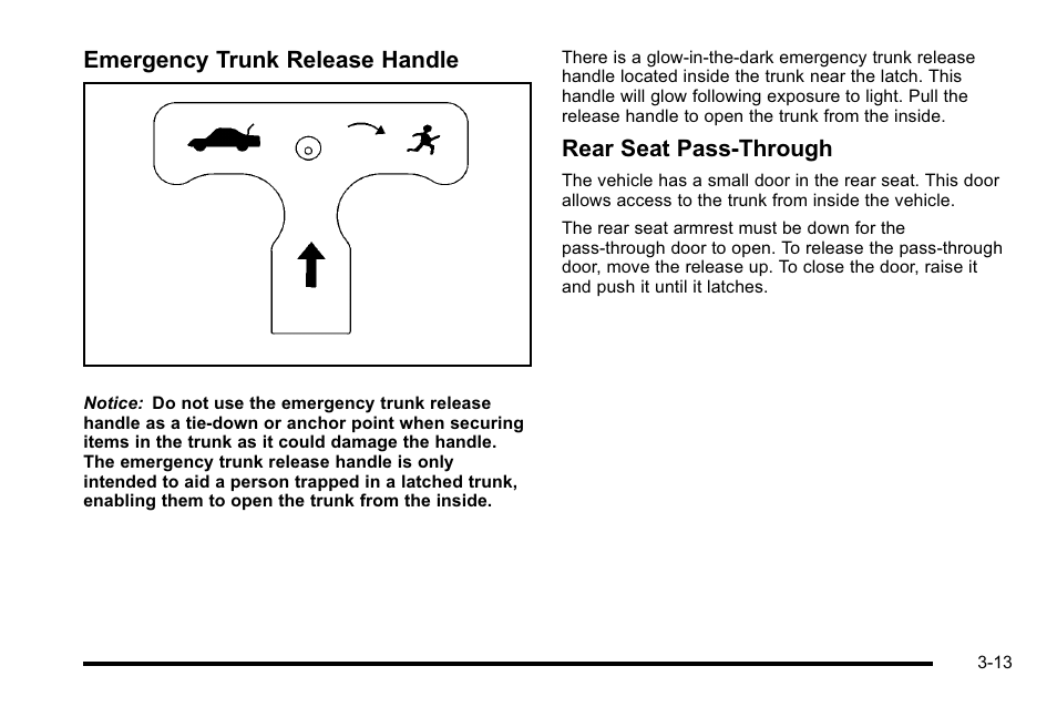 Emergency trunk release handle, Rear seat pass‐through | Cadillac 2010 DTS User Manual | Page 121 / 486