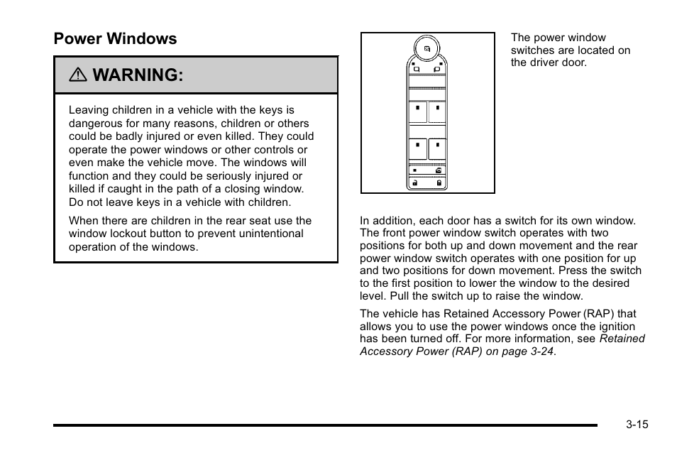 Power windows, Power windows -15, Mirrors | Warning | Cadillac 2010 DTS User Manual | Page 123 / 486