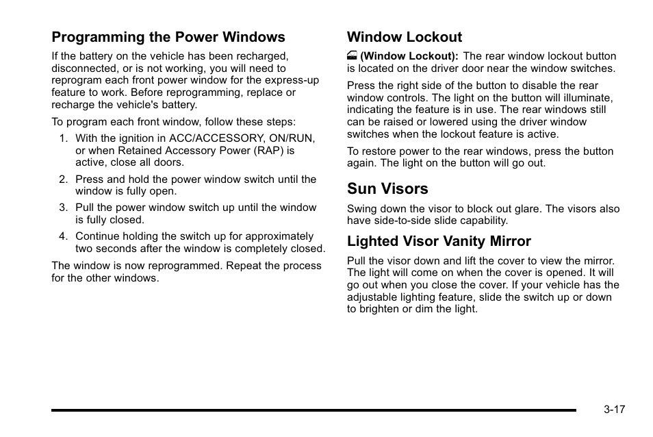 Sun visors, Sun visors -17, Programming the power windows | Window lockout, Lighted visor vanity mirror | Cadillac 2010 DTS User Manual | Page 125 / 486