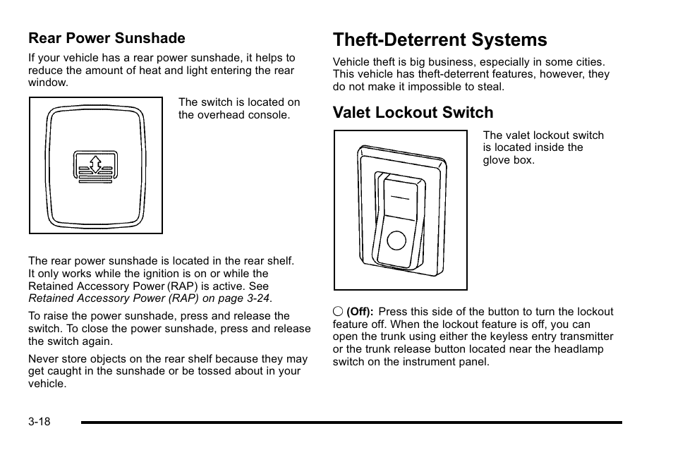 Theft-deterrent systems, Valet lockout switch, Theft-deterrent systems -18 | Valet lockout switch on, Valet lockout switch -18, Rear power sunshade | Cadillac 2010 DTS User Manual | Page 126 / 486