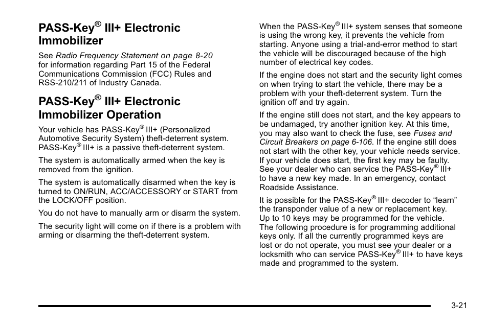 Pass-key® iii+ electronic immobilizer, Pass-key® iii+ electronic immobilizer operation, Pass-key | Iii+ electronic immobilizer -21, Iii+ electronic immobilizer, Operation -21, Iii+ electronic immobilizer operation | Cadillac 2010 DTS User Manual | Page 129 / 486