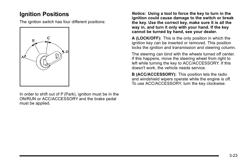 Ignition positions, Ignition positions -23 | Cadillac 2010 DTS User Manual | Page 131 / 486