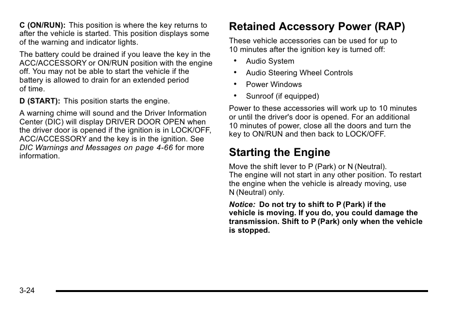Retained accessory power (rap), Starting the engine | Cadillac 2010 DTS User Manual | Page 132 / 486