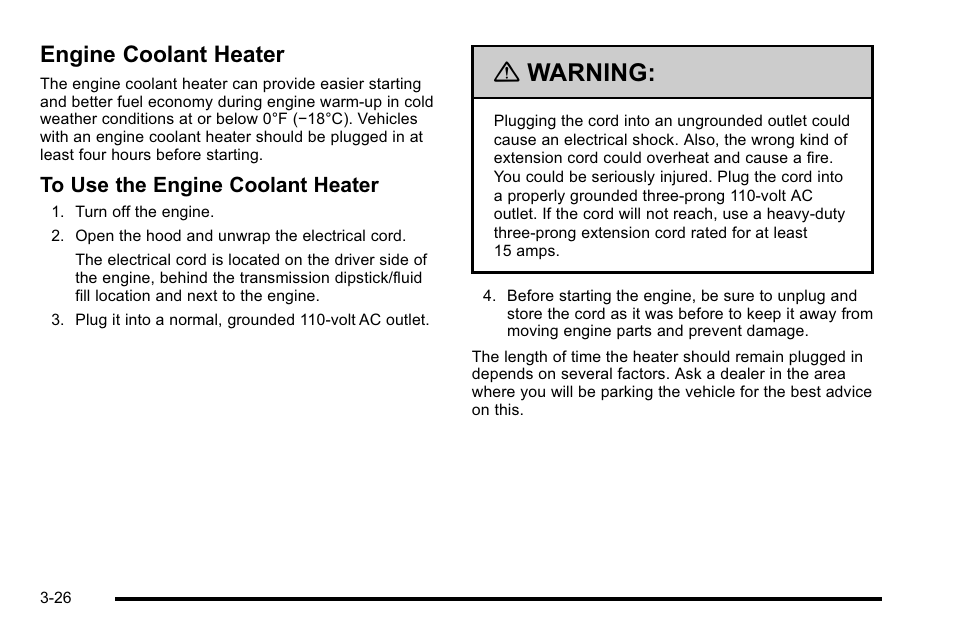 Engine coolant heater, Engine coolant heater -26, Warning | Cadillac 2010 DTS User Manual | Page 134 / 486
