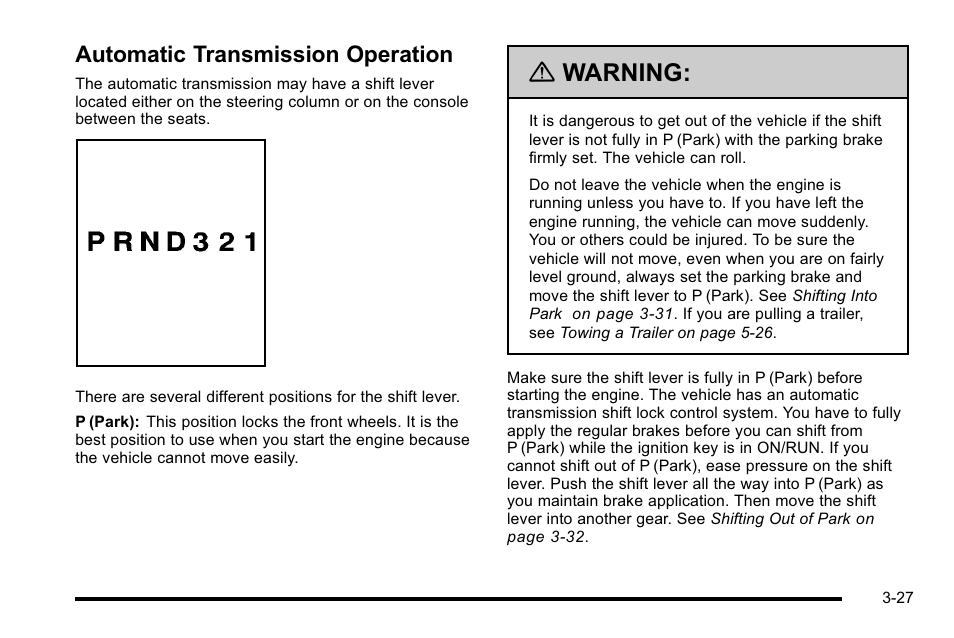 Automatic transmission operation, Automatic transmission operation -27, Warning | Cadillac 2010 DTS User Manual | Page 135 / 486