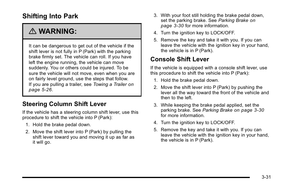 Shifting into park, Shifting into park -31, Warning | Steering column shift lever, Console shift lever | Cadillac 2010 DTS User Manual | Page 139 / 486