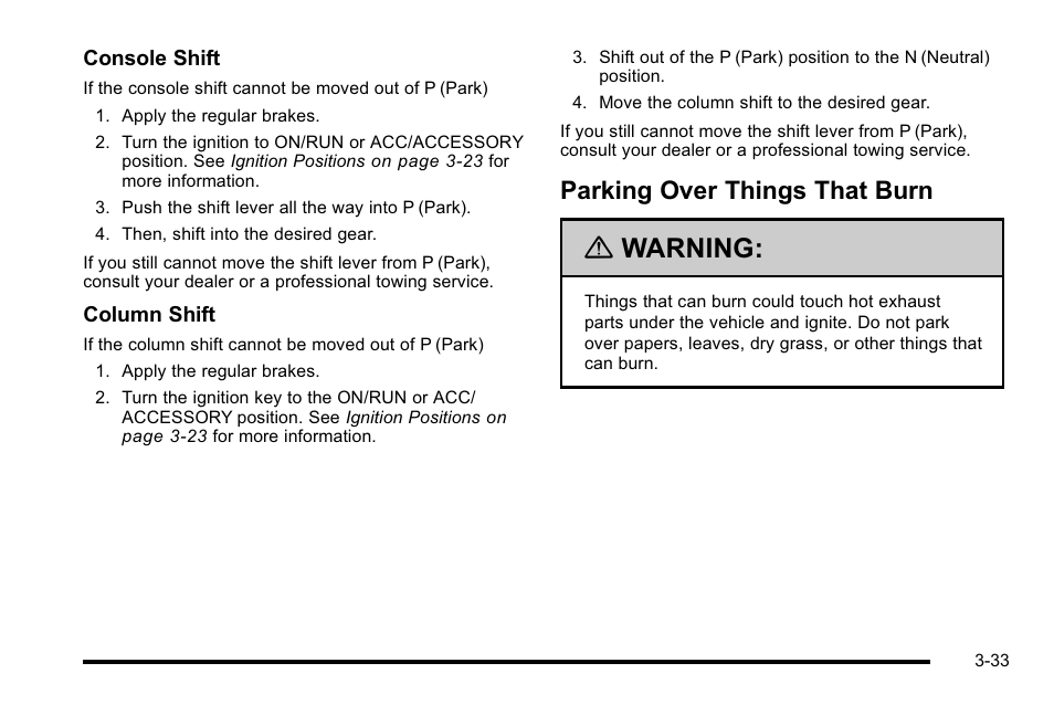 Parking over things that burn, Parking over things that burn -33, Warning | Cadillac 2010 DTS User Manual | Page 141 / 486