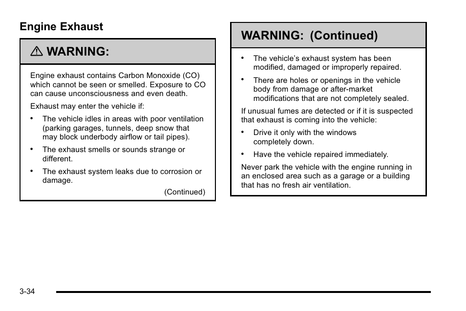 Engine exhaust, Exhaust -34, Warning | Warning: (continued) | Cadillac 2010 DTS User Manual | Page 142 / 486