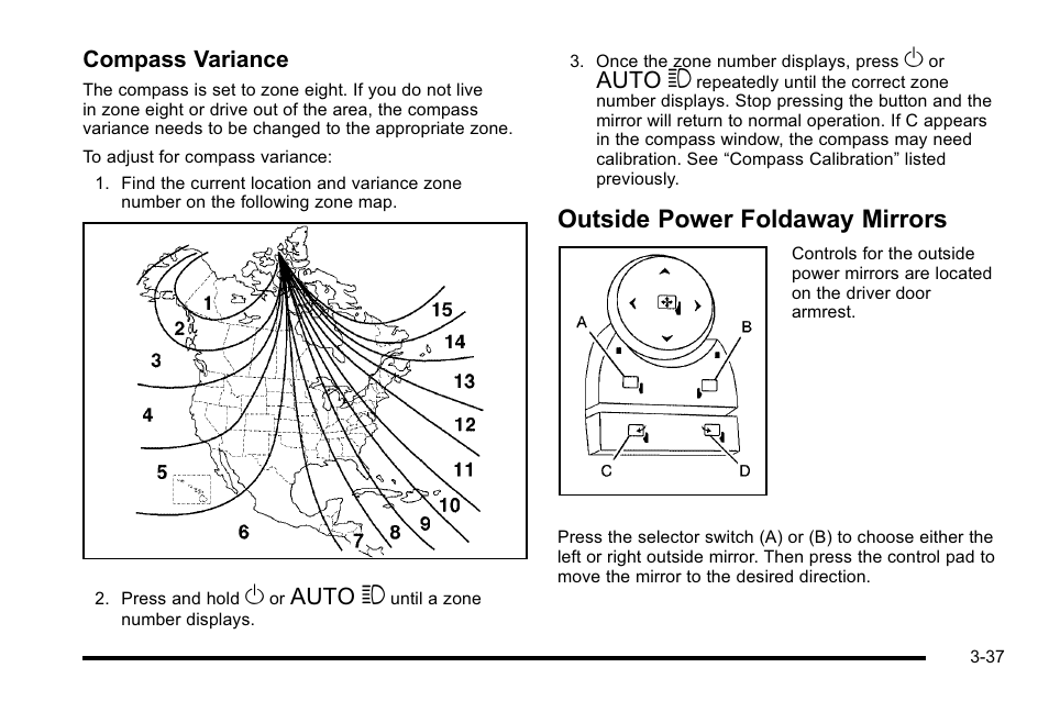 Outside power foldaway mirrors, Outside power foldaway mirrors -37, Compass variance | Auto 3 | Cadillac 2010 DTS User Manual | Page 145 / 486