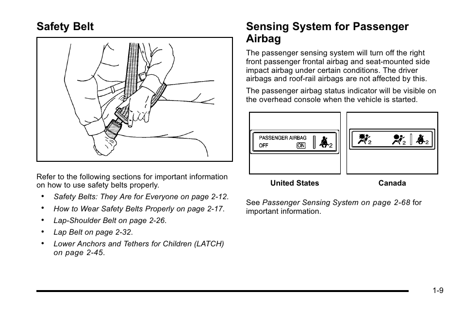 Safety belt, Sensing system for passenger airbag | Cadillac 2010 DTS User Manual | Page 15 / 486