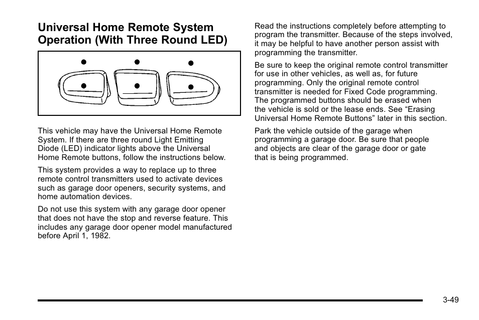 Universal home remote system operation, With three round led) -49, Rear seat | Cadillac 2010 DTS User Manual | Page 157 / 486