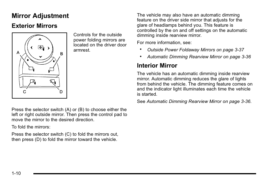 Mirror adjustment, Mirror adjustment -10, Exterior mirrors | Interior mirror | Cadillac 2010 DTS User Manual | Page 16 / 486