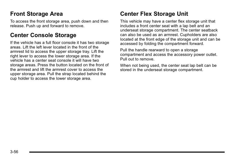 Front storage area, Center console storage, Center flex storage unit | Cadillac 2010 DTS User Manual | Page 164 / 486