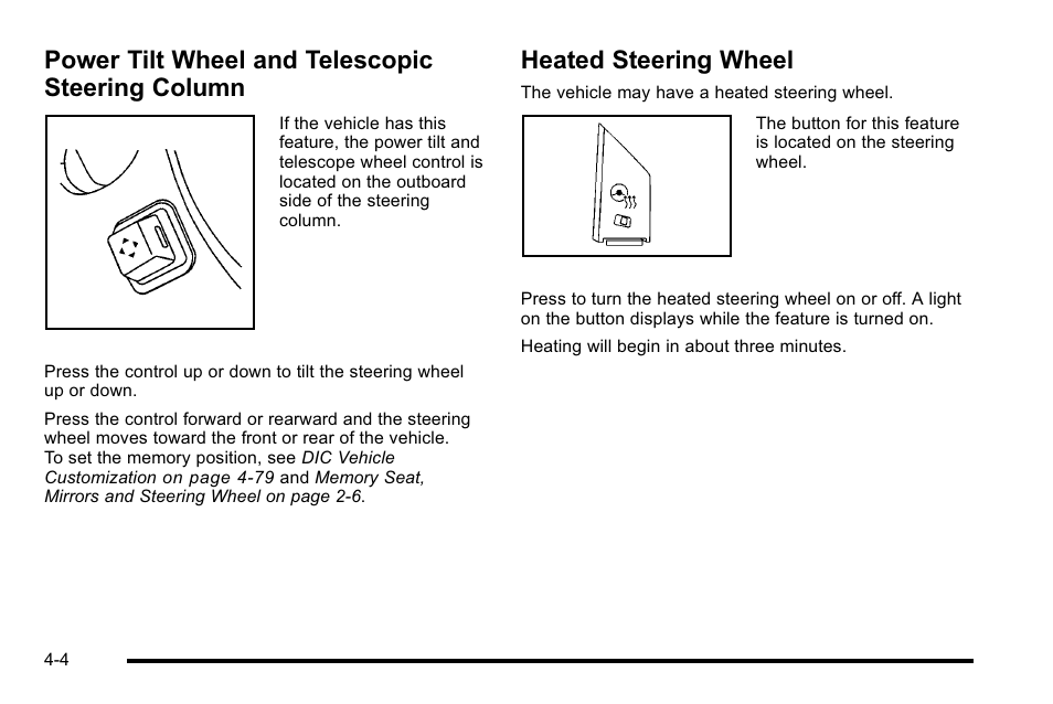 Power tilt wheel and telescopic steering column, Heated steering wheel, Power tilt wheel and | Power tilt wheel and telescopic steering, Column -4, Heated steering wheel -4 | Cadillac 2010 DTS User Manual | Page 170 / 486