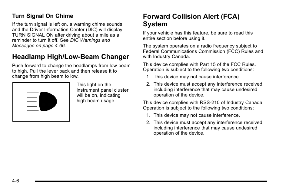 Headlamp high/low-beam changer, Forward collision alert (fca) system | Cadillac 2010 DTS User Manual | Page 172 / 486