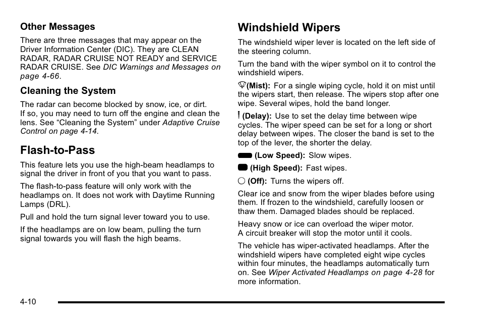 Flash-to-pass, Windshield wipers, Flash-to-pass -10 windshield wipers -10 | Cadillac 2010 DTS User Manual | Page 176 / 486