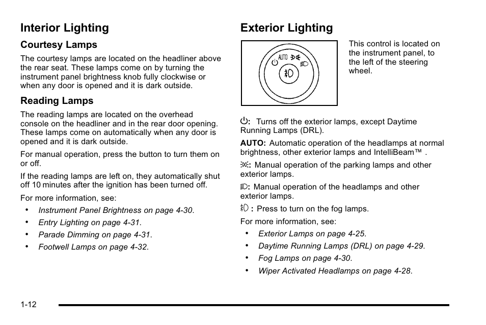 Interior lighting, Exterior lighting, Interior lighting -12 exterior lighting -12 | Courtesy lamps, Reading lamps | Cadillac 2010 DTS User Manual | Page 18 / 486
