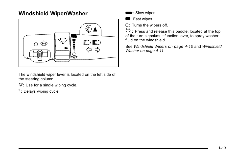 Windshield wiper/washer, Windshield wiper/washer -13 | Cadillac 2010 DTS User Manual | Page 19 / 486