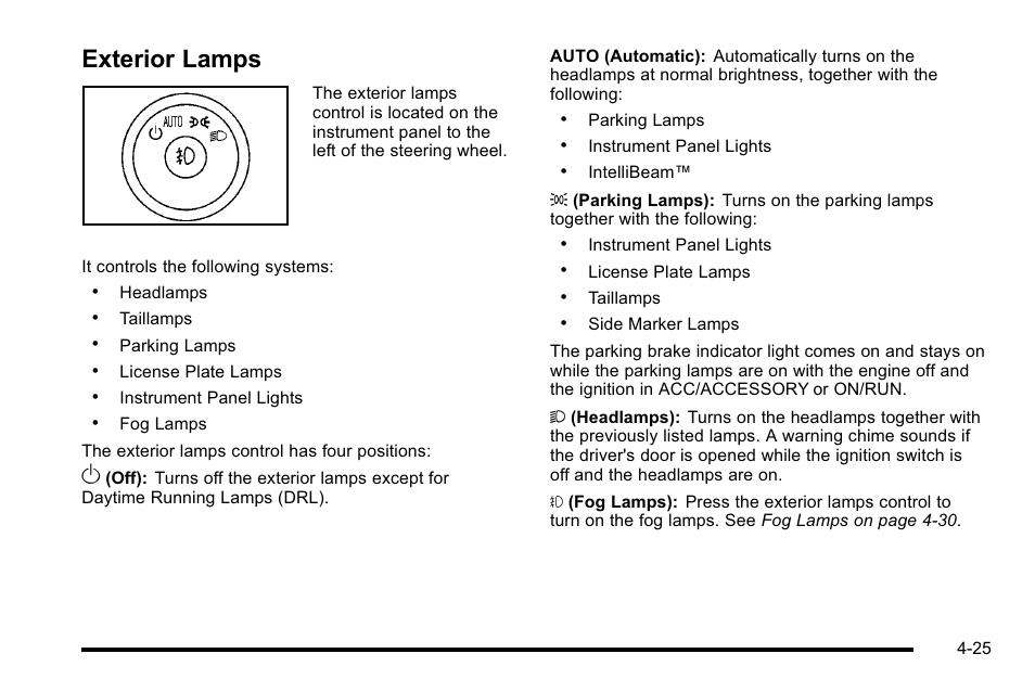 Exterior lamps, Exterior lamps -25 | Cadillac 2010 DTS User Manual | Page 191 / 486