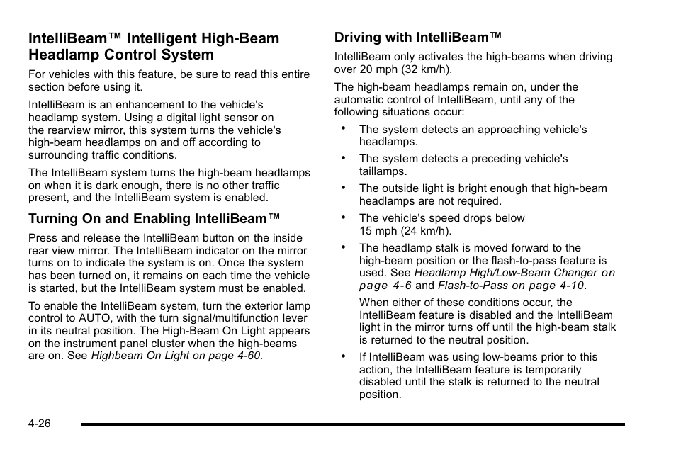 Turning on and enabling intellibeam, Driving with intellibeam | Cadillac 2010 DTS User Manual | Page 192 / 486