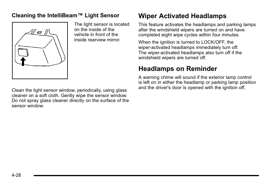 Wiper activated headlamps, Headlamps on reminder | Cadillac 2010 DTS User Manual | Page 194 / 486