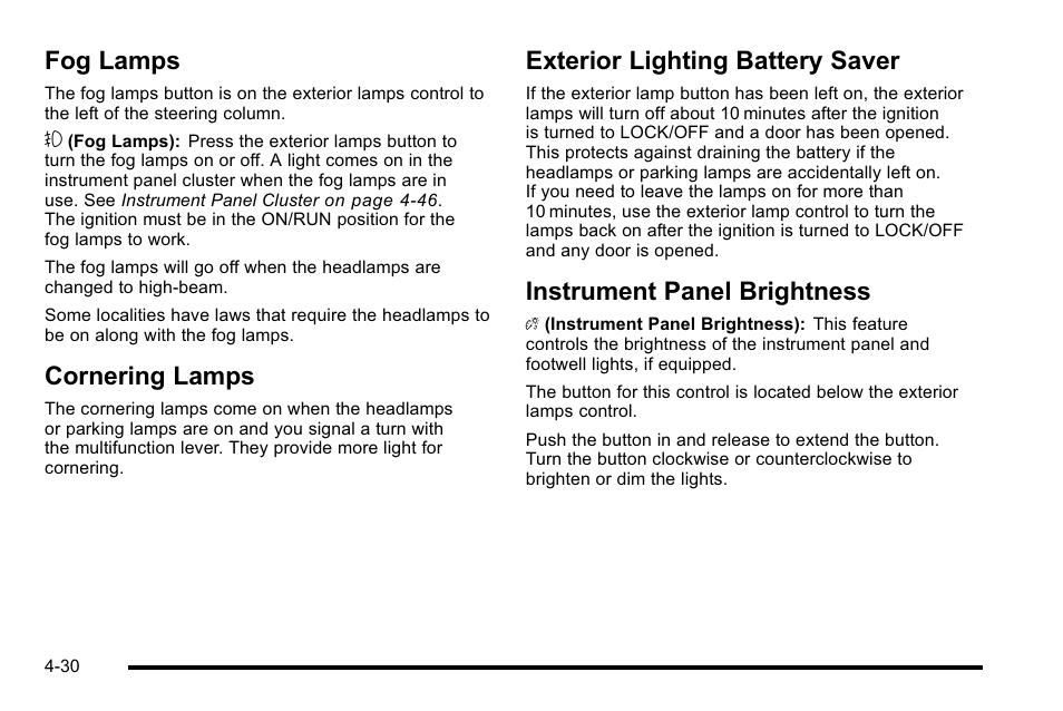 Fog lamps, Cornering lamps, Exterior lighting battery saver | Instrument panel brightness | Cadillac 2010 DTS User Manual | Page 196 / 486