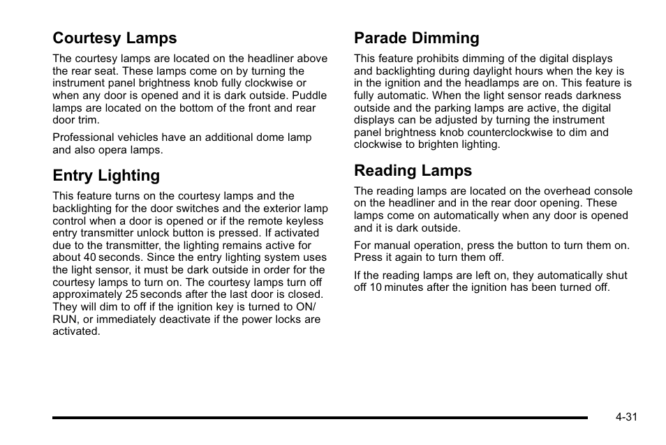 Courtesy lamps, Entry lighting, Parade dimming | Reading lamps, Courtesy lamps -31 entry lighting -31, Parade dimming -31 reading lamps -31 | Cadillac 2010 DTS User Manual | Page 197 / 486