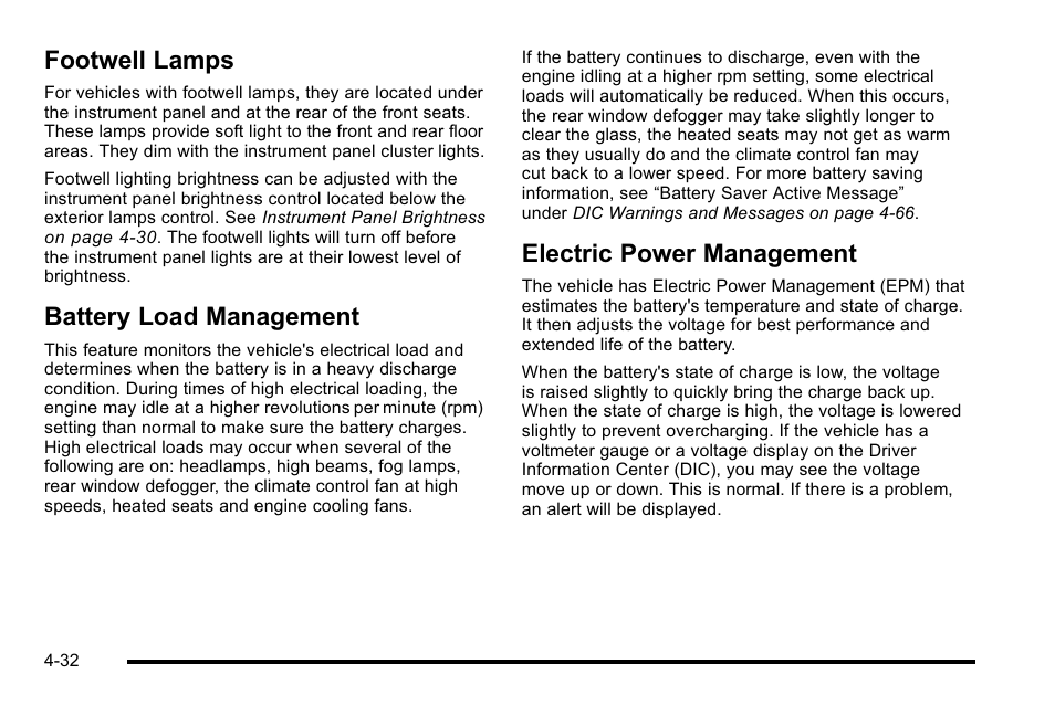 Footwell lamps, Battery load management, Electric power management | Cadillac 2010 DTS User Manual | Page 198 / 486