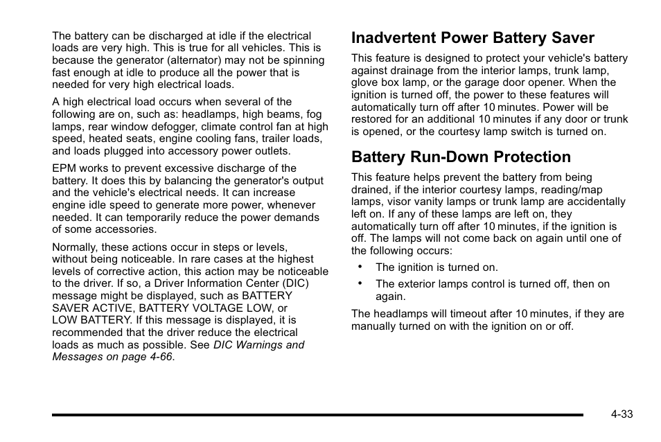 Inadvertent power battery saver, Battery run-down protection | Cadillac 2010 DTS User Manual | Page 199 / 486