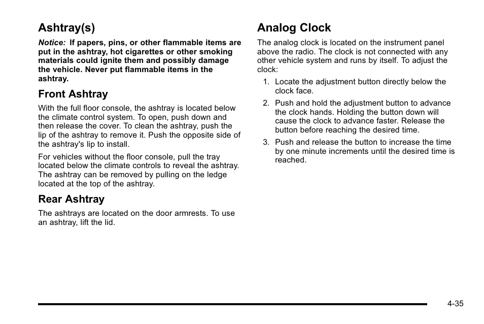 Ashtray(s), Analog clock, Ashtray(s) -35 analog clock -35 | Front ashtray, Rear ashtray | Cadillac 2010 DTS User Manual | Page 201 / 486