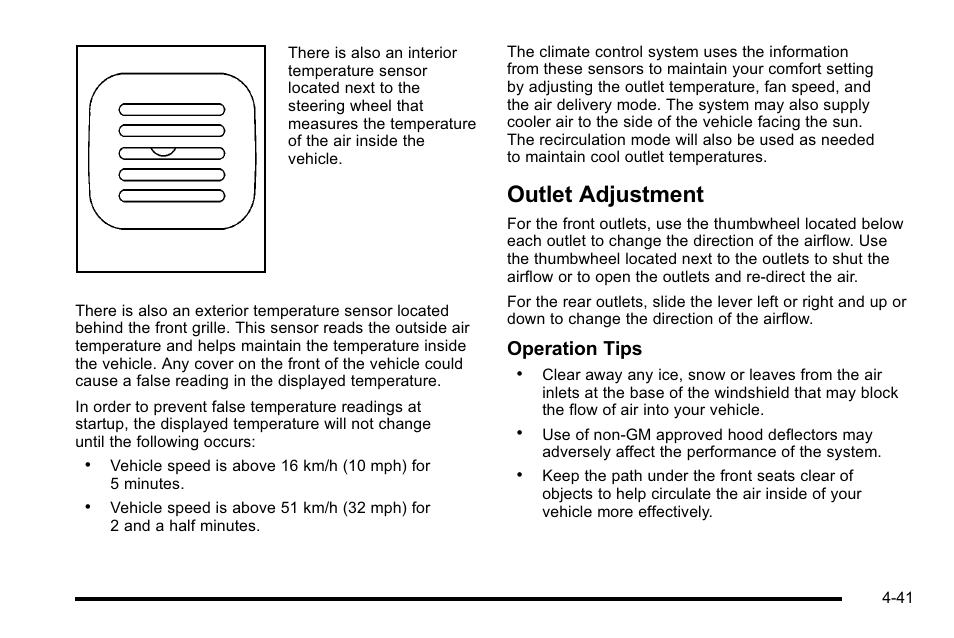 Outlet adjustment, Outlet adjustment -41, Operation tips | Cadillac 2010 DTS User Manual | Page 207 / 486