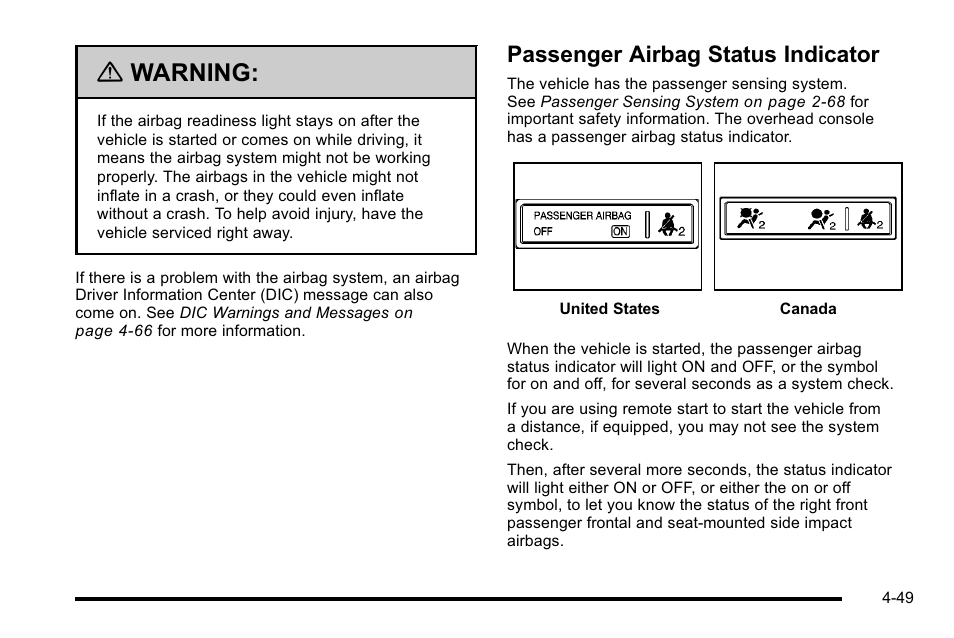 Passenger airbag status indicator, Passenger airbag status indicator -49, Warning | Cadillac 2010 DTS User Manual | Page 215 / 486