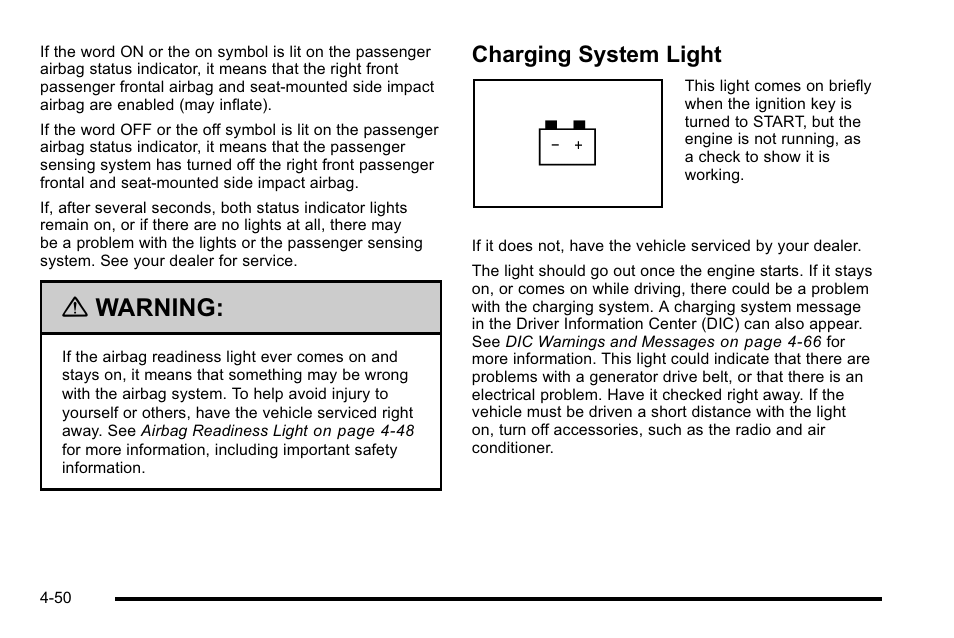 Charging system light, Charging system light -50, Warning | Cadillac 2010 DTS User Manual | Page 216 / 486