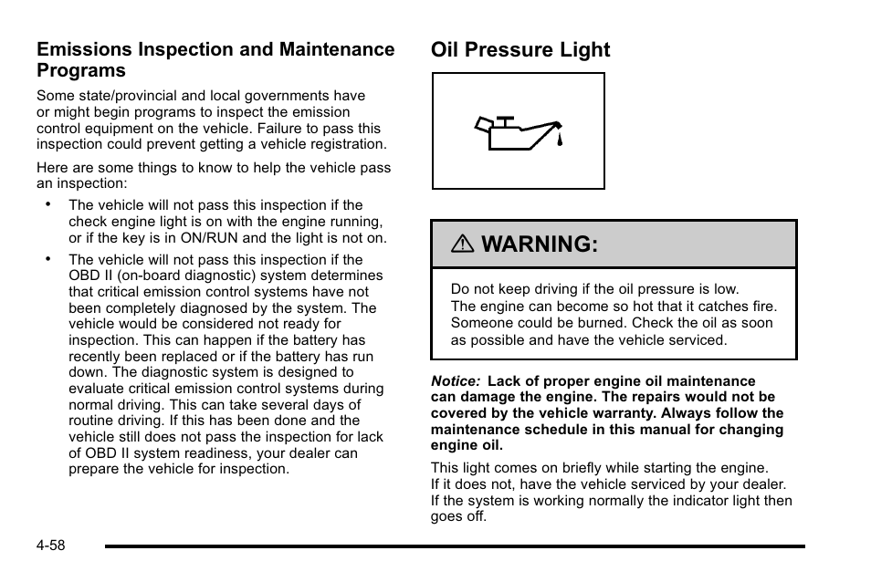 Oil pressure light, Oil pressure light -58, Warning | Emissions inspection and maintenance programs | Cadillac 2010 DTS User Manual | Page 224 / 486