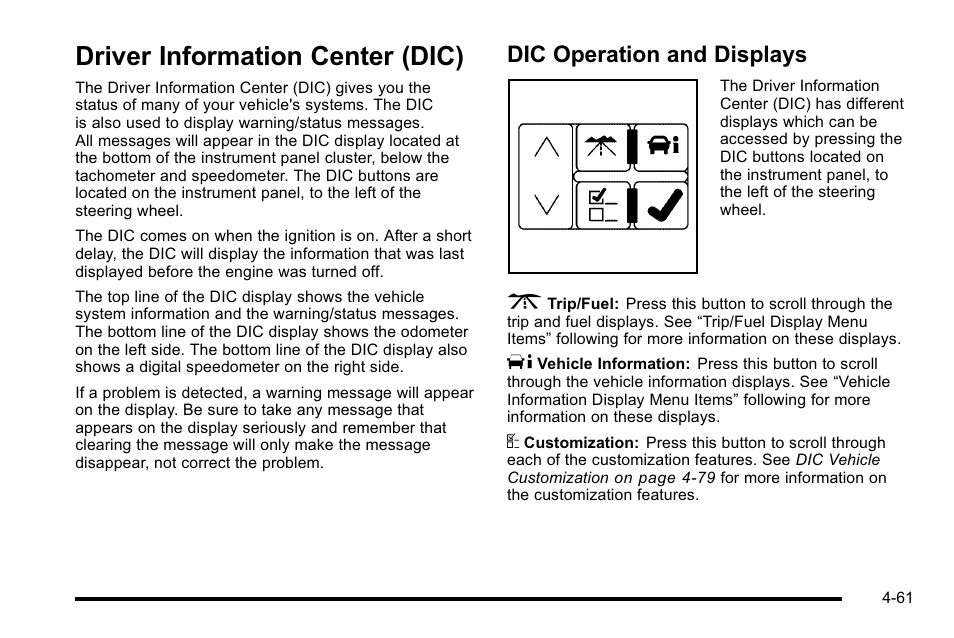 Driver information center (dic), Dic operation and displays, Dic) -61 | Driver information center (dic) -61, Dic operation and displays -61 | Cadillac 2010 DTS User Manual | Page 227 / 486