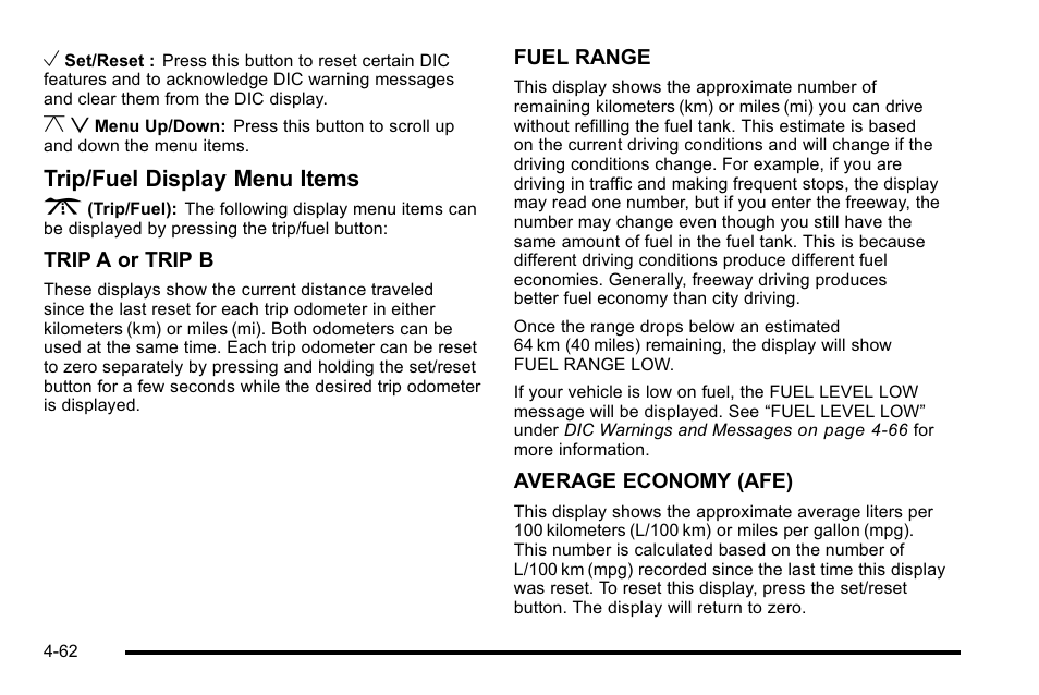 Trip/fuel display menu items 3 | Cadillac 2010 DTS User Manual | Page 228 / 486