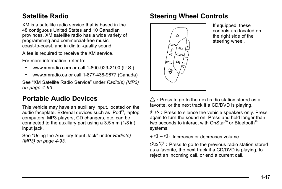 Satellite radio, Portable audio devices, Steering wheel controls | Cadillac 2010 DTS User Manual | Page 23 / 486