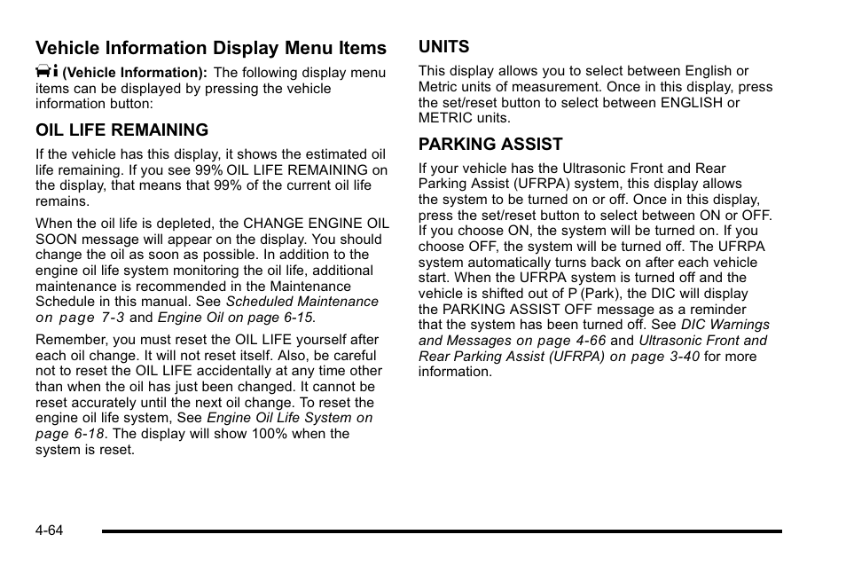 Vehicle information display menu items t | Cadillac 2010 DTS User Manual | Page 230 / 486