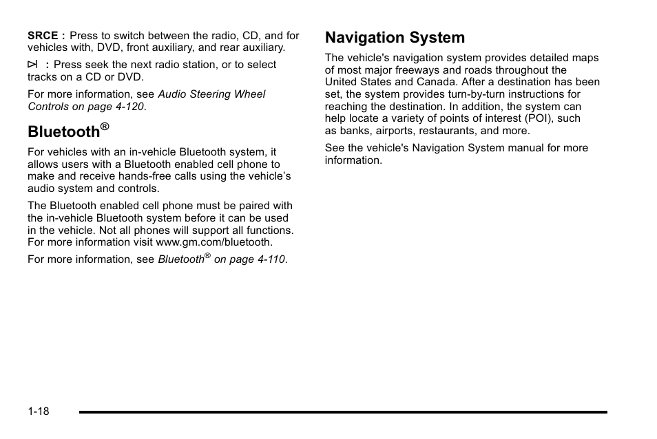 Bluetooth, Navigation system, Navigation system -18 | Cadillac 2010 DTS User Manual | Page 24 / 486