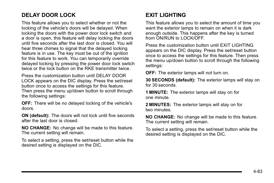 Delay door lock, Exit lighting | Cadillac 2010 DTS User Manual | Page 249 / 486