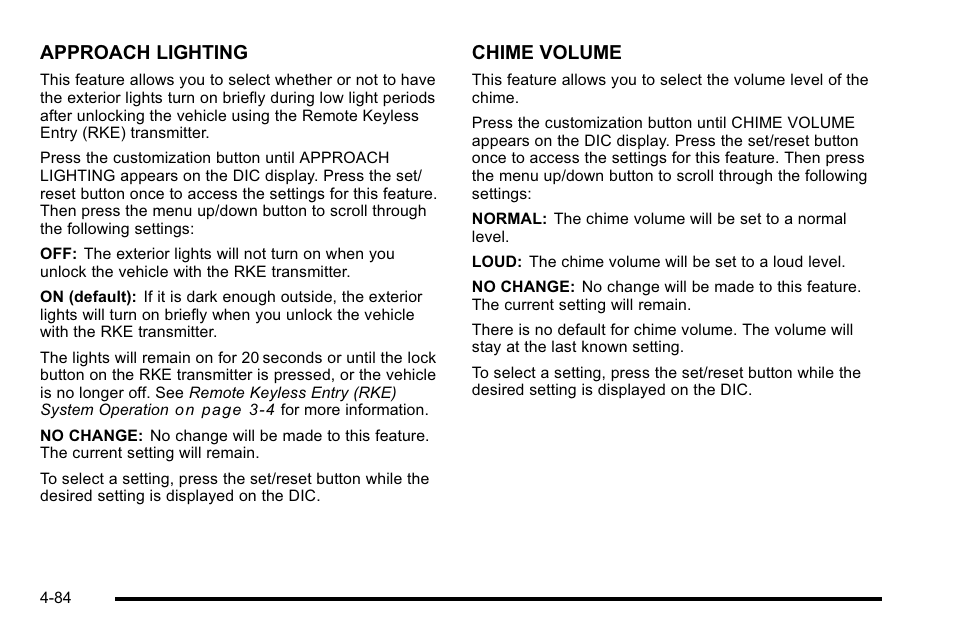 Approach lighting, Chime volume | Cadillac 2010 DTS User Manual | Page 250 / 486