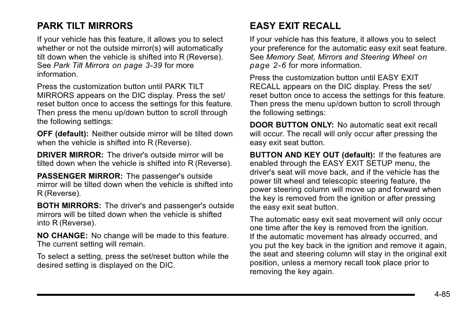 Park tilt mirrors, Easy exit recall | Cadillac 2010 DTS User Manual | Page 251 / 486