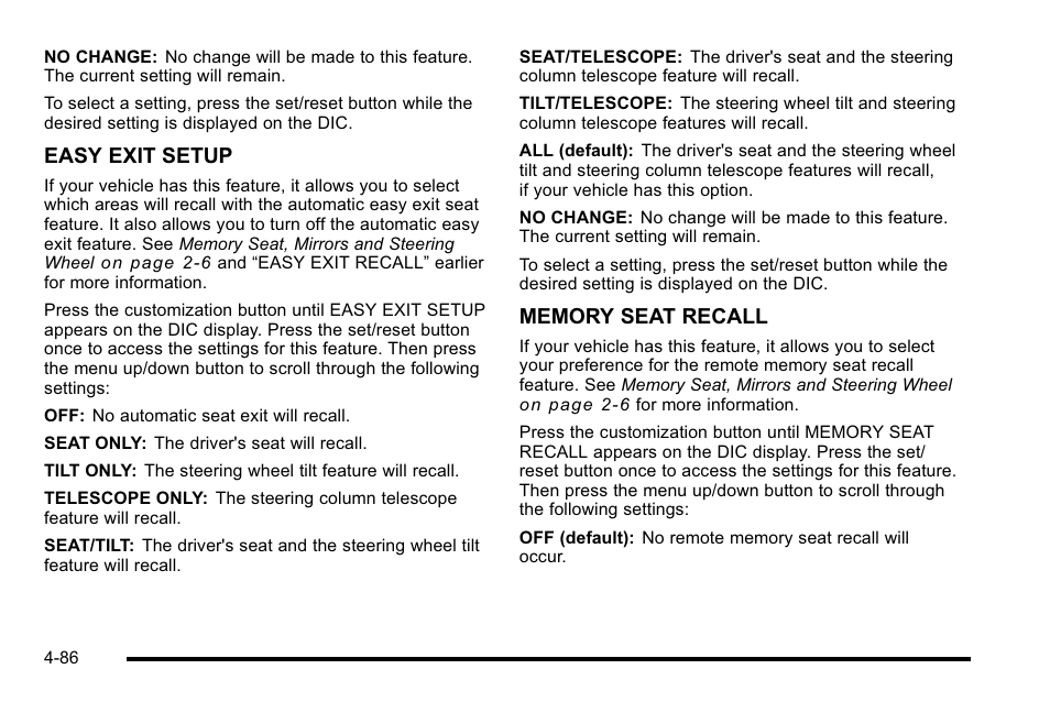 Easy exit setup | Cadillac 2010 DTS User Manual | Page 252 / 486